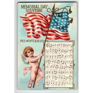 Decoration Memorial Day Postcard Red White & Blue Song Cupid Angel Flag Unposted